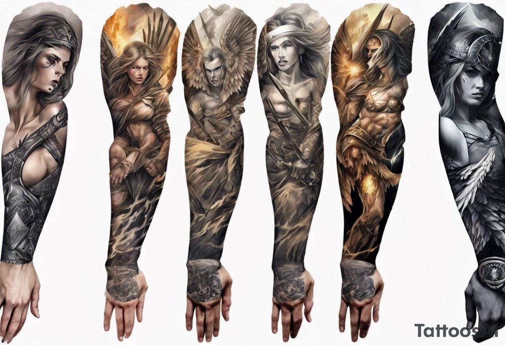 Full arm sleeves with warrior angels on it tattoo idea
