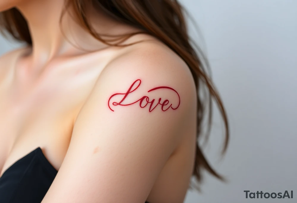 A ribbon-like infinity symbol in soft rose gold, wrapping around the word "love" in a warm, romantic hue tattoo idea