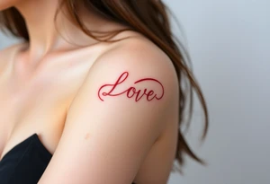 A ribbon-like infinity symbol in soft rose gold, wrapping around the word "love" in a warm, romantic hue tattoo idea