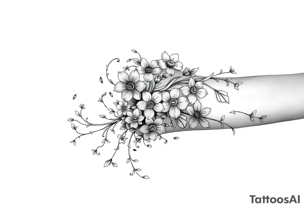 Celestial flowing swirling design elements entangled with a wild overgrown flowering vine tattoo idea