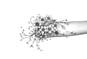 Celestial flowing swirling design elements entangled with a wild overgrown flowering vine tattoo idea