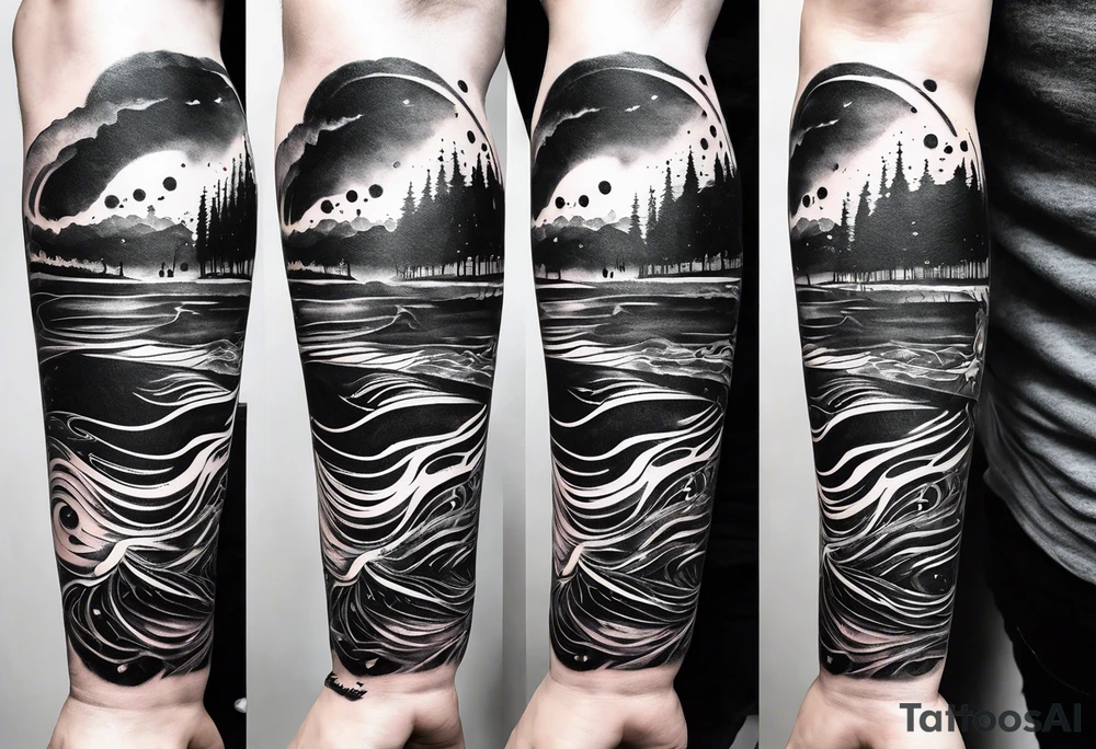A forearm tattoo about electronic music mixed with the water of the ocean, abstract tattoo idea