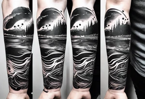 A forearm tattoo about electronic music mixed with the water of the ocean, abstract tattoo idea