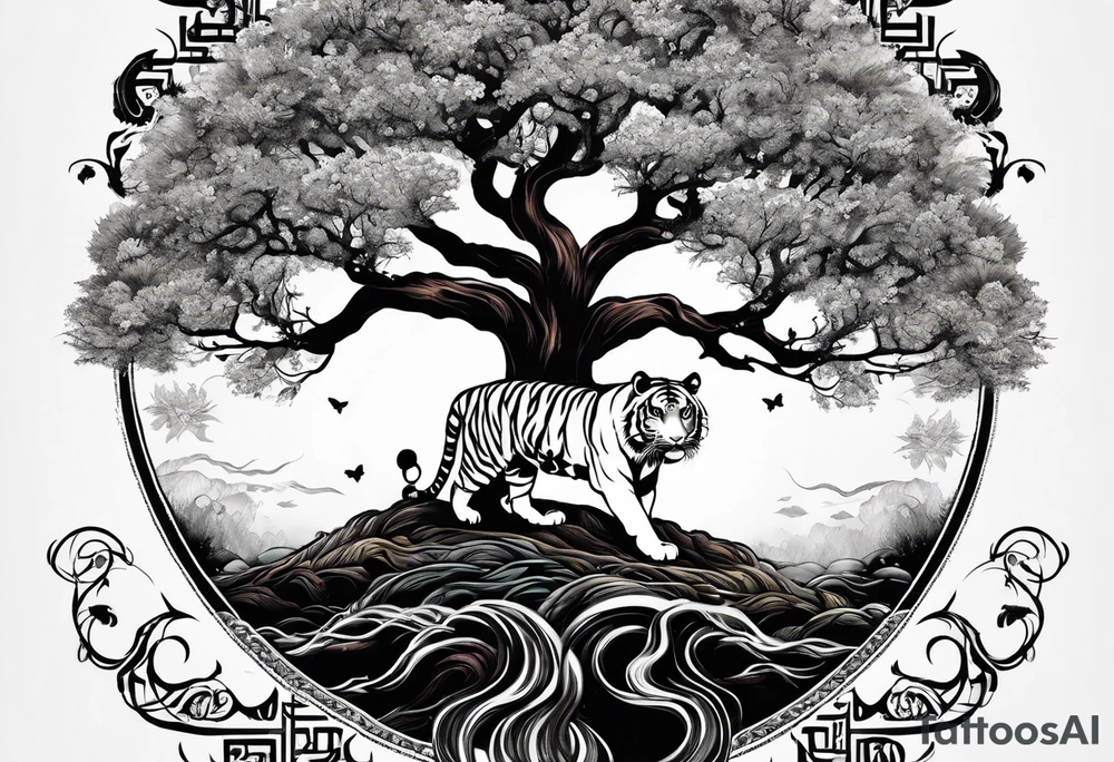 Tree of life with the roots going into a tigers stripes tattoo idea