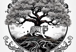 Tree of life with the roots going into a tigers stripes tattoo idea