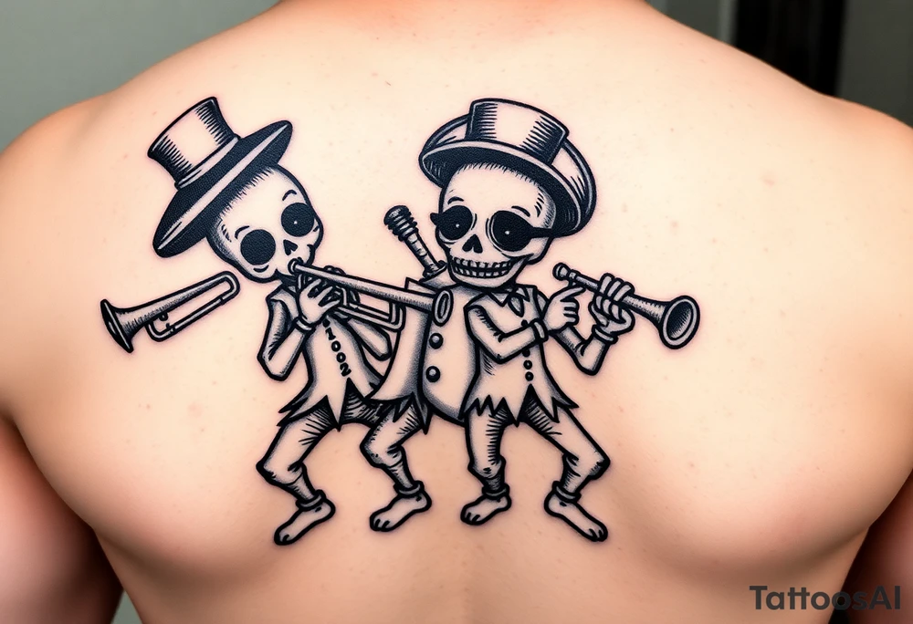 Two cartoon voodoo dolls playing music together with trombone and trumpet tattoo idea