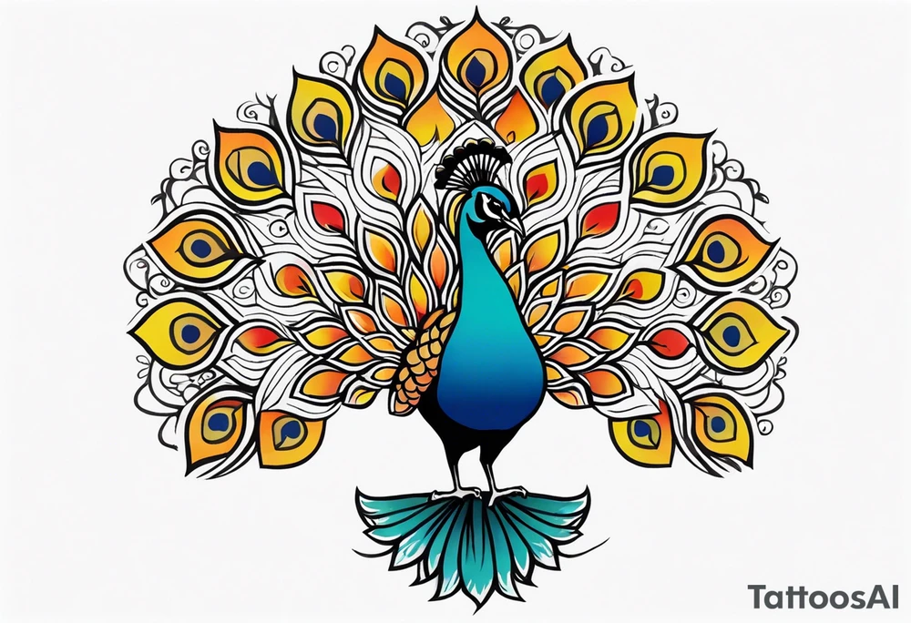 Colorful peacock over a sublime style sun standing in a stick with a horseshoe over the top of the peacock to each side of the stick tattoo idea