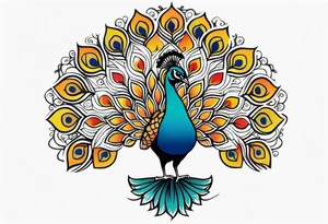 Colorful peacock over a sublime style sun standing in a stick with a horseshoe over the top of the peacock to each side of the stick tattoo idea