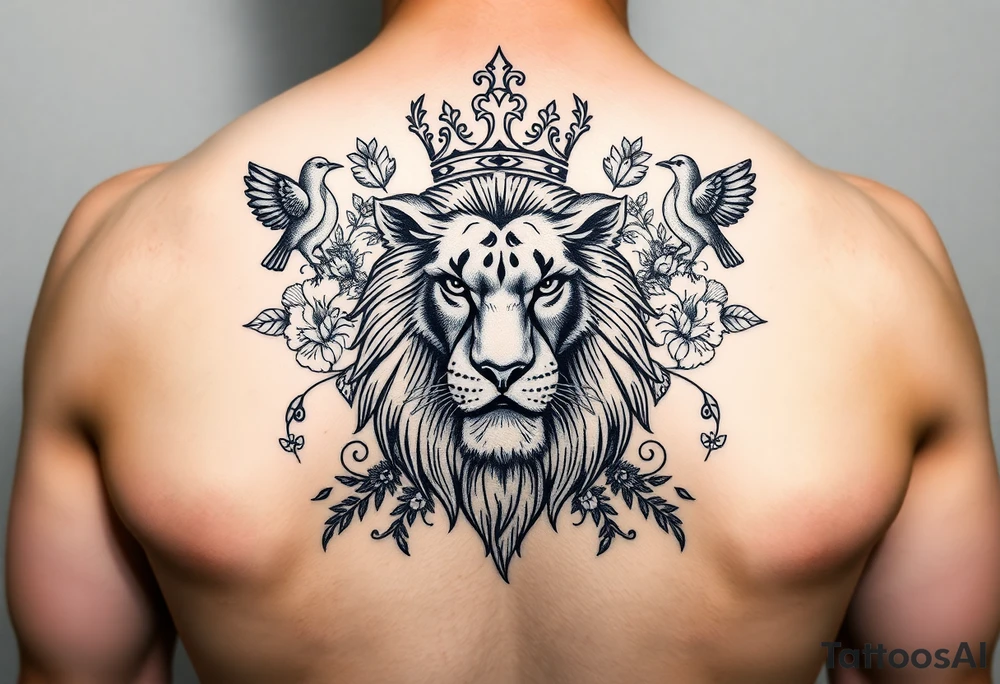 powerful majestic lion with a crown, surrounded by floral ornaments and birds tattoo idea