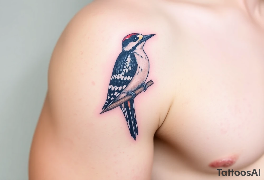 Middle spotted woodpecker sitting on a branch tattoo idea