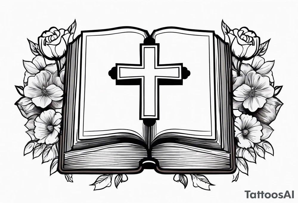 front of bible with cross on bible surrounded by flowers tattoo idea
