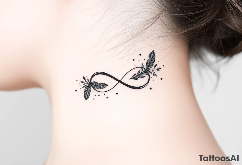 infinity symbol woven with floating feathers and stardust tattoo idea