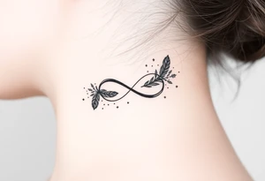 infinity symbol woven with floating feathers and stardust tattoo idea