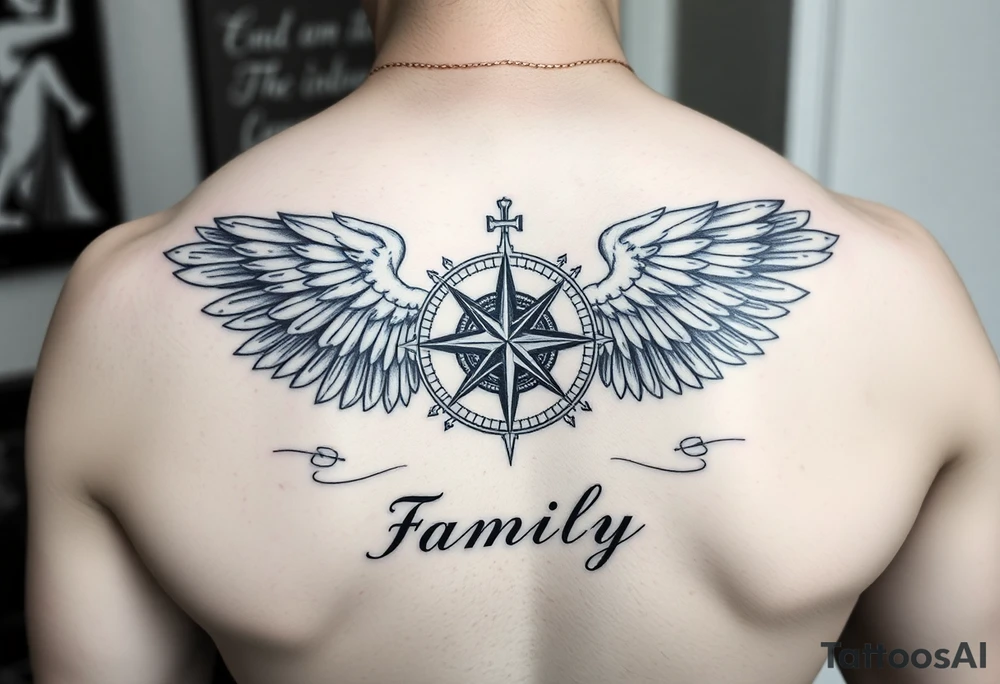 family written in norsk underneath that have the norsk compass and underneath that have the valkyrie wings supporting the compass tattoo idea