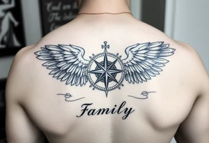 family written in norsk underneath that have the norsk compass and underneath that have the valkyrie wings supporting the compass tattoo idea