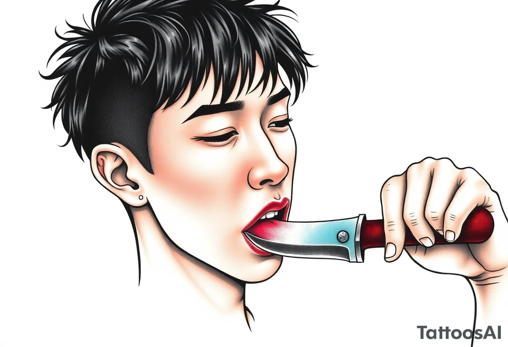 Handsome Asian young guy is licking a ritual knife tattoo idea