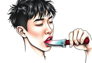 Handsome Asian young guy is licking a ritual knife tattoo idea