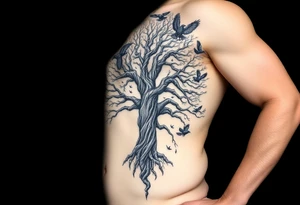 The Tree of Life, color infused, full forearm, ravens flying around it, tattoo idea