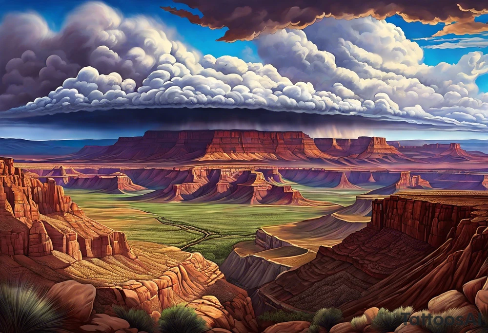 renaissance style Colorado plateau and valley with supercell cloud that captures vast aesthetic tattoo idea