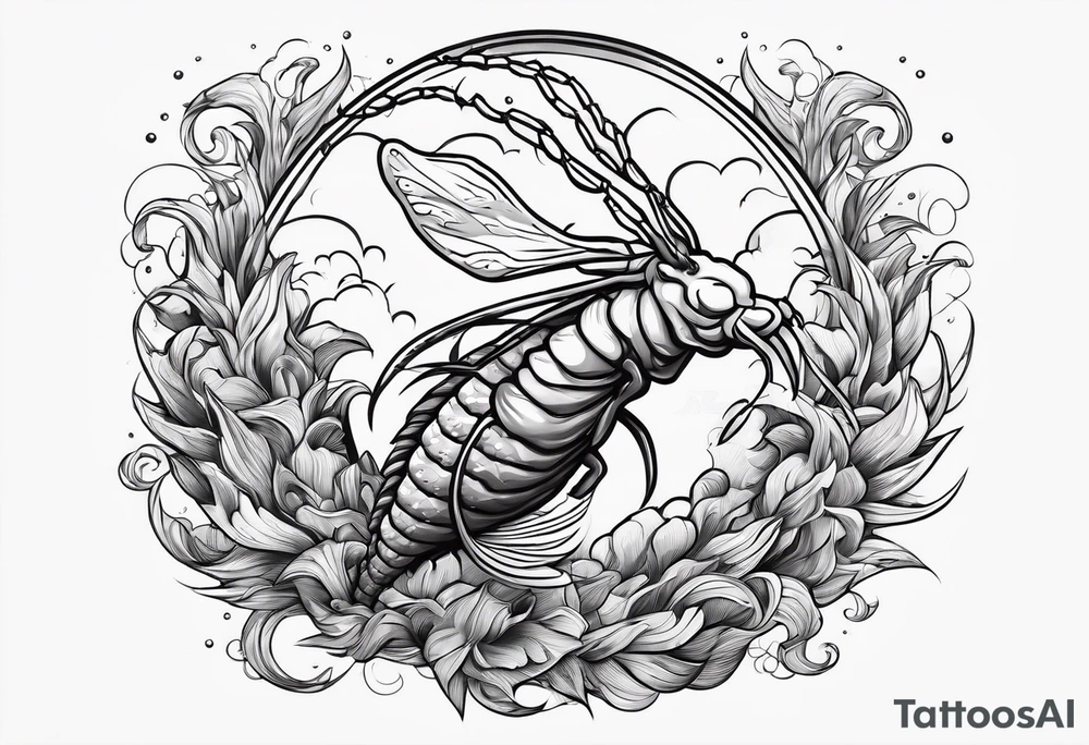 cartoon shrimp with a muscular superhero body flying through the air tattoo idea