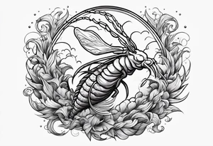 cartoon shrimp with a muscular superhero body flying through the air tattoo idea