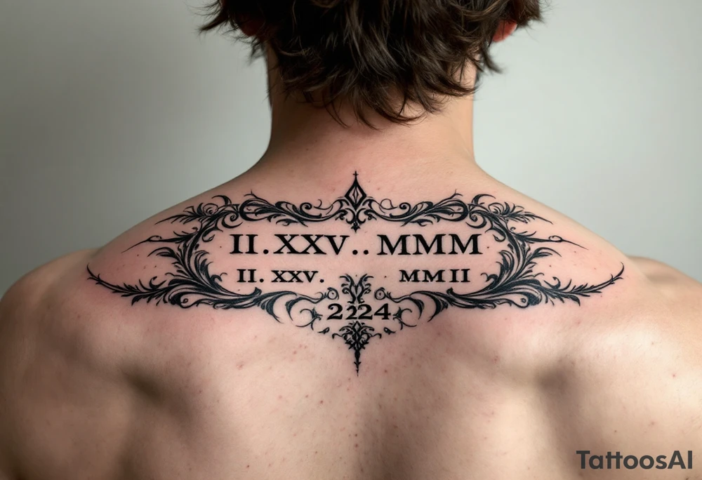 Roman numeral dates IX.IX.MM and II.XXV.MMII with a space between them in a balanced and symmetrical layout, along with the number 224 tattoo idea