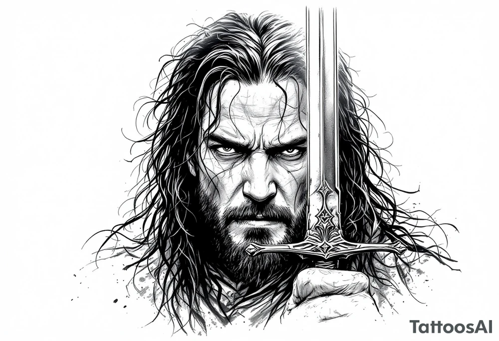 aragorn holding a sword against his face tattoo idea