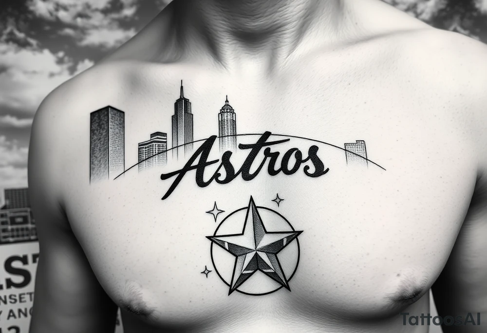 Houston texas skyline Behind houston astrodome, stars nighttime stars and clouds, Houston Astros cursive in sky, Houston Astros star on neck, Benjamin Franklin money roll space suit fill in smoke stars tattoo idea