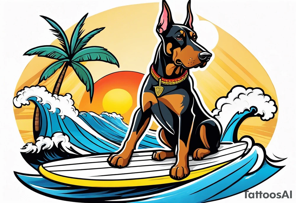 doberman smoking a cigar on a surfboard tattoo idea