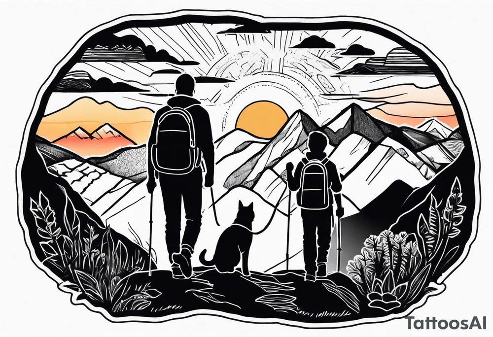 nature, sunset, mountains, a father and son hiking with their dog and cat and a cross tattoo idea