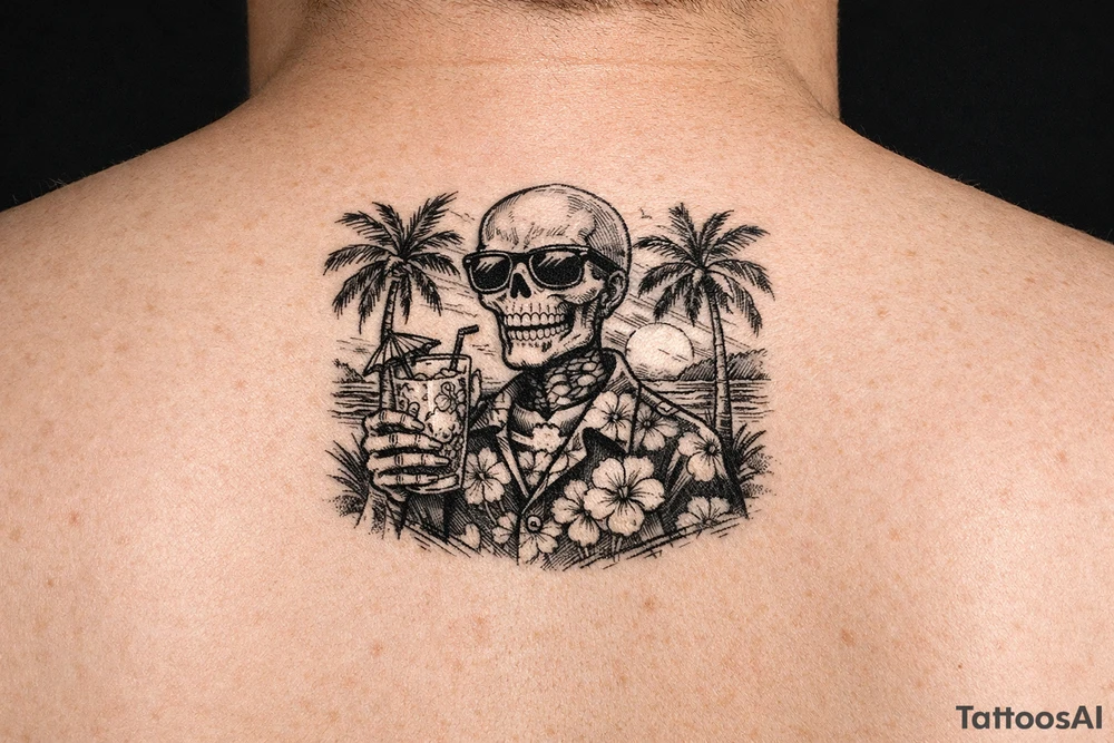 Skeleton in Hawaiian shirt and sunglasses holding a cocktail on a beach with palm trees and a setting sun. tattoo idea