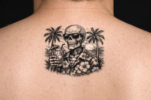 Skeleton in Hawaiian shirt and sunglasses holding a cocktail on a beach with palm trees and a setting sun. tattoo idea