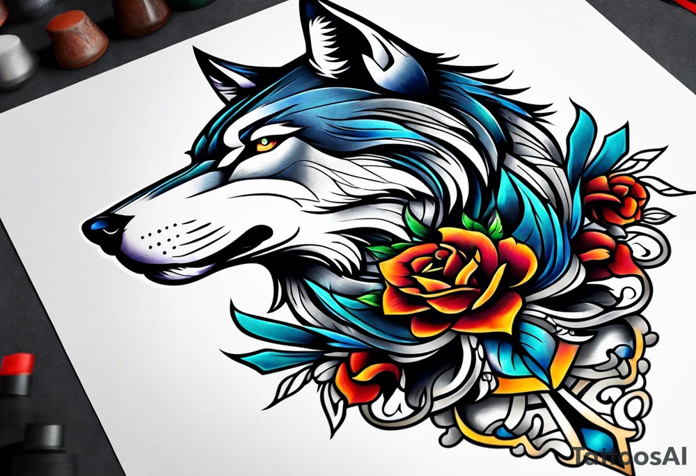 Neo traditional wolf head tattoo idea