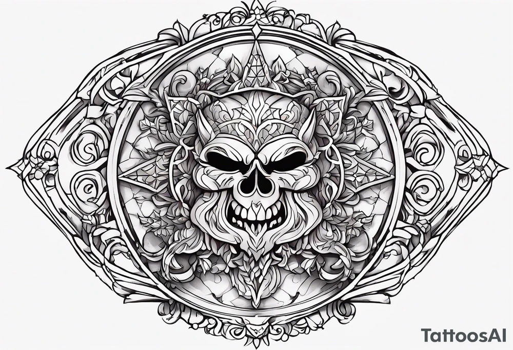 draw me a tattoo on a white background in color in tattoo style 
There will be a rope going down from it 
To which Santa Claus's sleigh is tied, but in the sleigh with reindeer there will be a krampus instead of a grandfather and they will be surrounded by a large snowflake tattoo idea