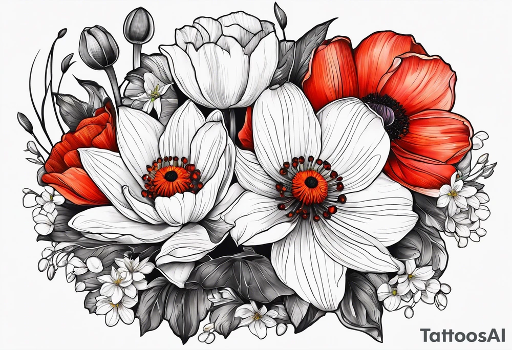 Poppy, water lily, Lily of the valley, daffodil, cosmo, flower bouquet, portrait style tattoo idea