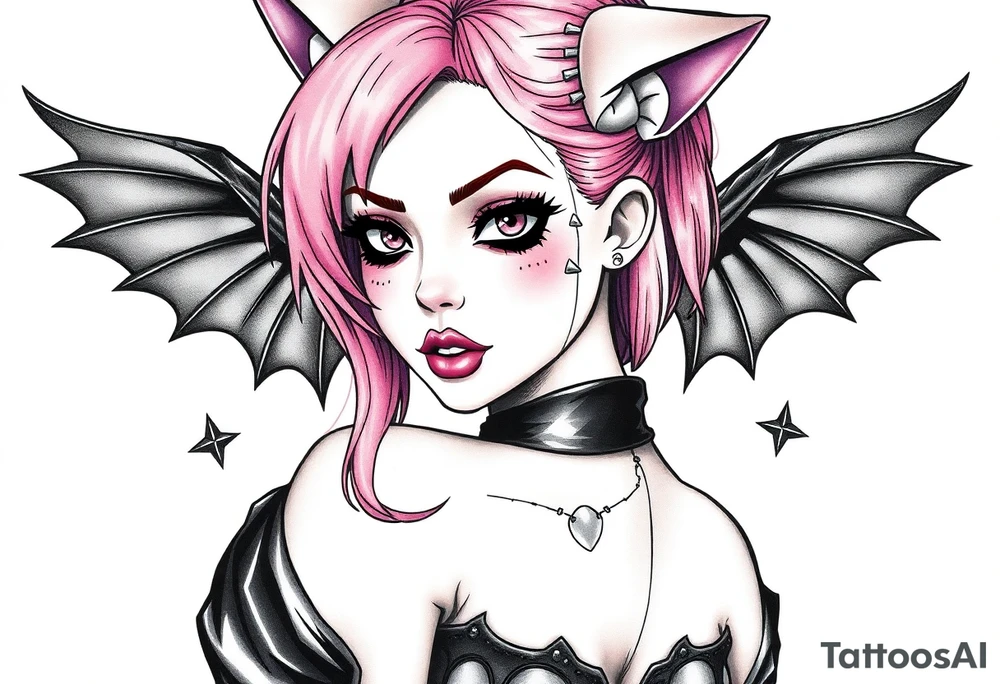 hot goth girl with puppy ears and with piercings on face and big boobs and big butt with black outfit on with pink hair tattoo idea