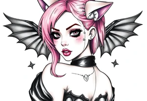 hot goth girl with puppy ears and with piercings on face and big boobs and big butt with black outfit on with pink hair tattoo idea