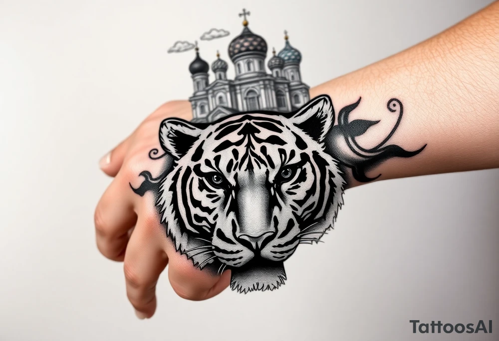 Realistic tiger face on the back of the hand with its eyes ALL black and no pupils, sitting beneath a Russian Orthodox cathedral sitting above on the top fore arm with onion domes and orthodox crosses. with clouds above and a virgin mary tattoo idea