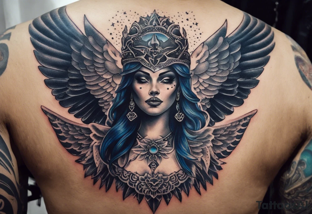 black kali, goddess pirate, alien, angel, pachamama, valkrye, warrior, flying, skull, lotus azul, wing, eagle, zenza resonance, stars, 5D, anahata chakra, death, durga, riding on a tiger, flying lady, chest tatoo tattoo idea