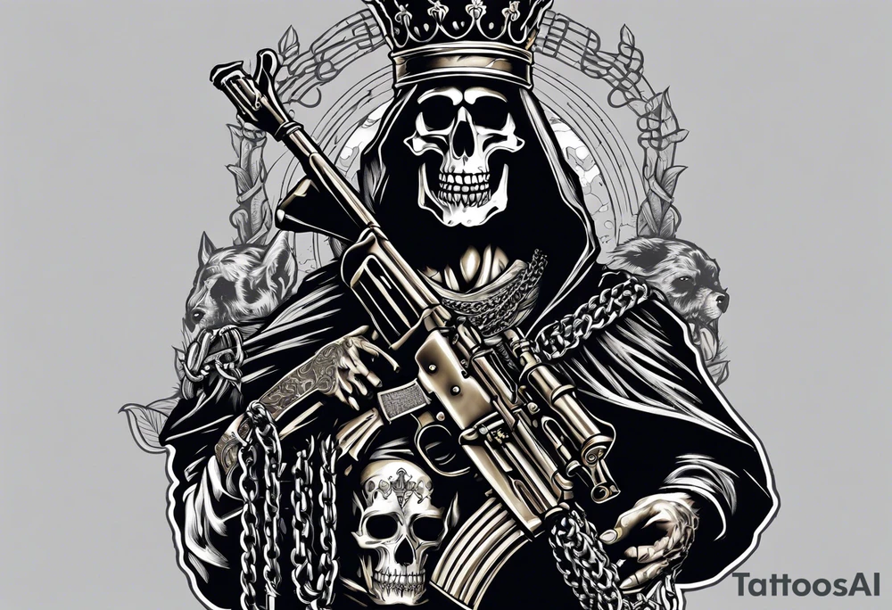 image of a skeleton standing frontally with a crown on his head, holding an AK-47 on his shoulder with his right hand. The chain on the left should be taut, there are three angry barking Dobermans in it, near the waist tattoo idea