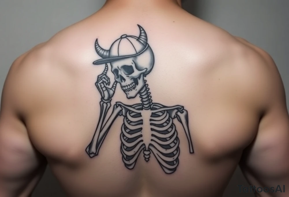 Skeleton with a fun ball cap doing devil s horn tattoo idea
