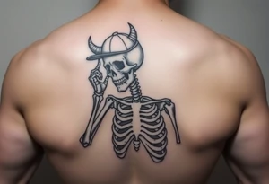 Skeleton with a fun ball cap doing devil s horn tattoo idea