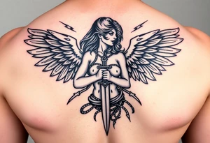 Fierce Female Angel warrior with dagger and lighting bolts going around body Greek mythology style with dark shading tattoo idea