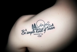 A minimalist tattoo with the words ‘Be a Simple Kind of Man’ in handwritten script, framed by pine trees, mountains, and a rising sun, a river, and moon
Fine line blackwork for the forearm tattoo idea