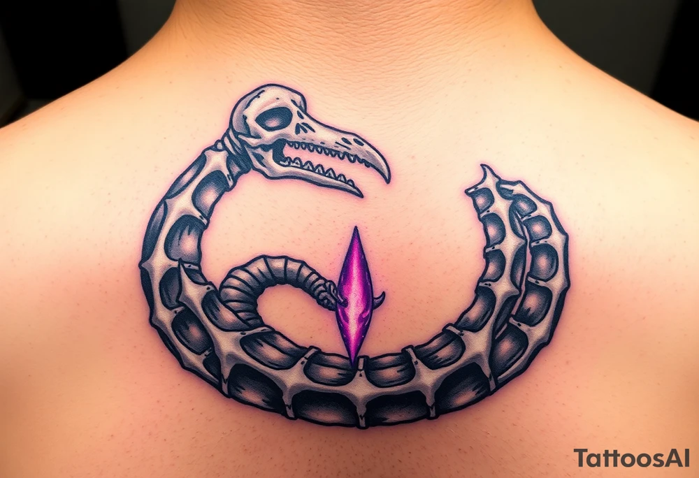 A skeletal Ouroboros with silver bones and glowing purple energy inside, representing death and rebirth. tattoo idea