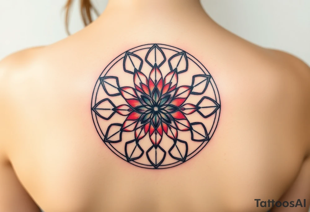 A symmetrical Flower of Life with hexagonal crystal details in round cyrcle, enhancing its sacred geometric nature. tattoo idea