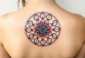 A symmetrical Flower of Life with hexagonal crystal details in round cyrcle, enhancing its sacred geometric nature. tattoo idea