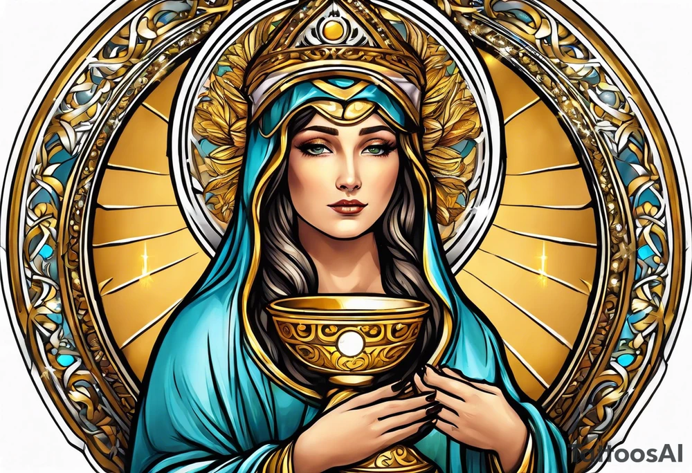 holy saint woman with golden halo holding a chalice tattoo idea