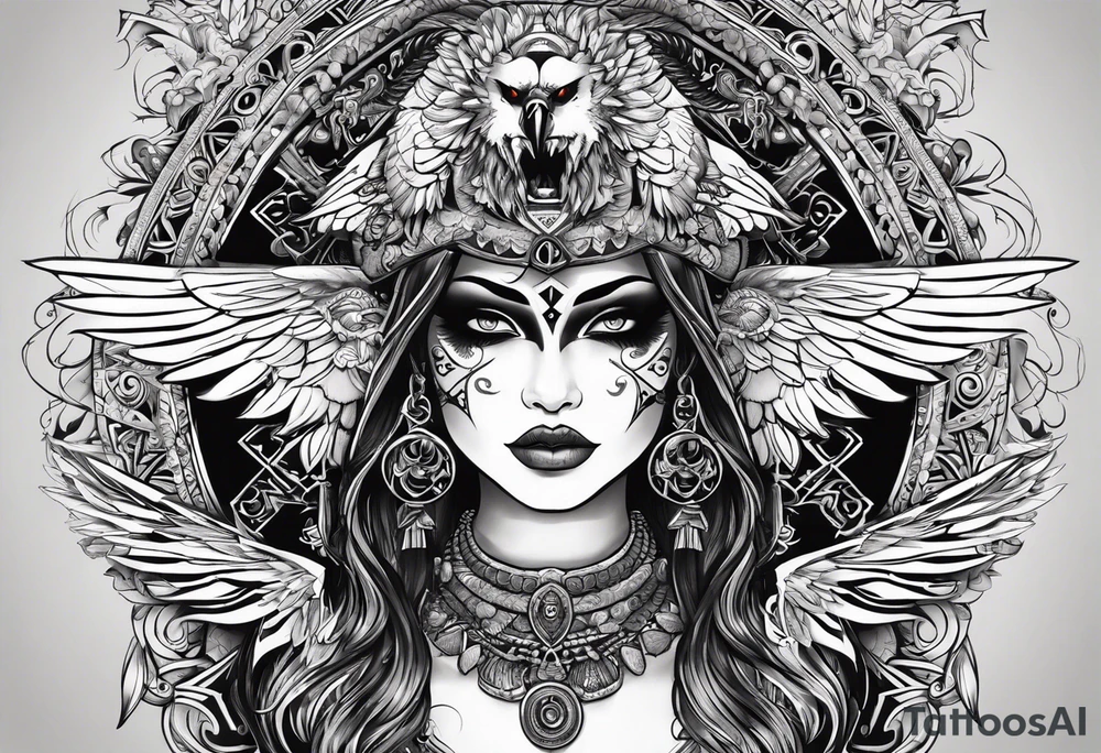 black kali, goddess pirate, pachamama, valkrye, warrior, skull, lotus azul, wing, eagle, zenza resonance, stars, one side chest tattoo idea
