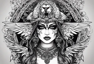 black kali, goddess pirate, pachamama, valkrye, warrior, skull, lotus azul, wing, eagle, zenza resonance, stars, one side chest tattoo idea